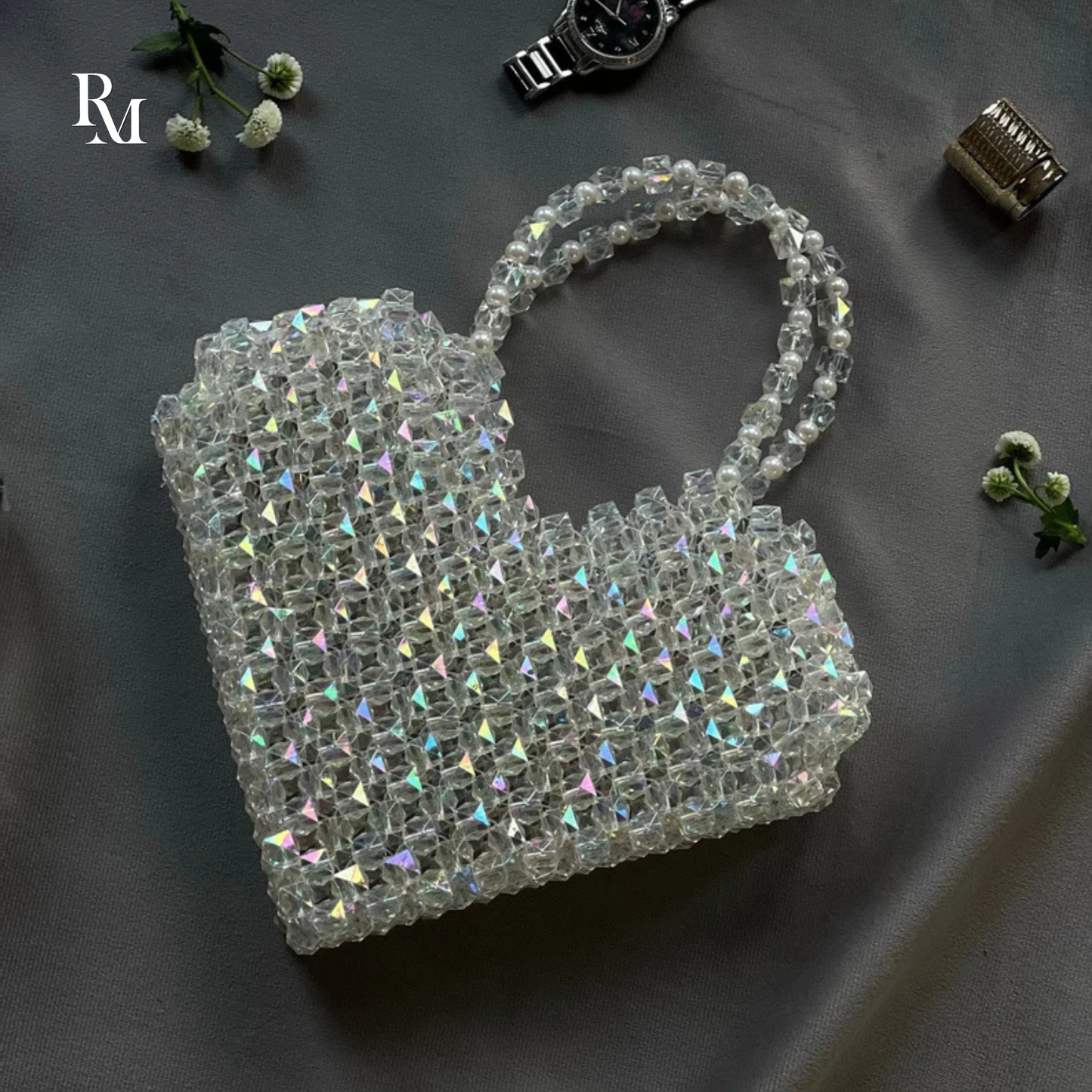 Handmade Transparent Heart Crystal Beaded Bag | R&M010