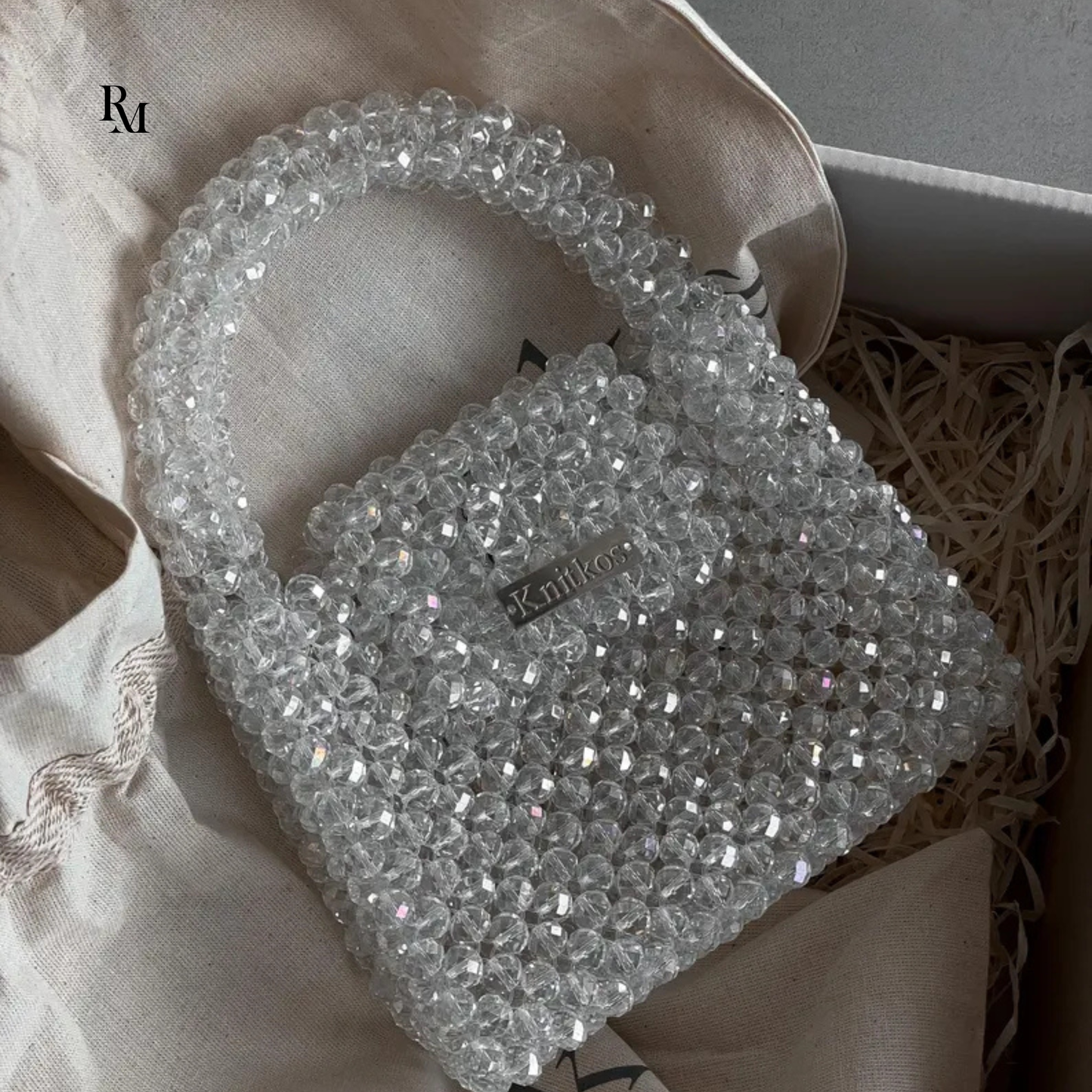 Handmade White Crystal Beaded Mini Bag | R&M009