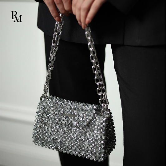 Handmade Silver Crystal Beaded Luxury Evening Clutch Bag | R&M015