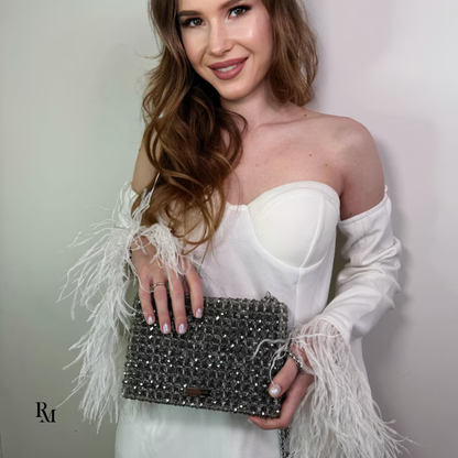 Handmade Crystal Silver Beaded Box Clutch | R&M005