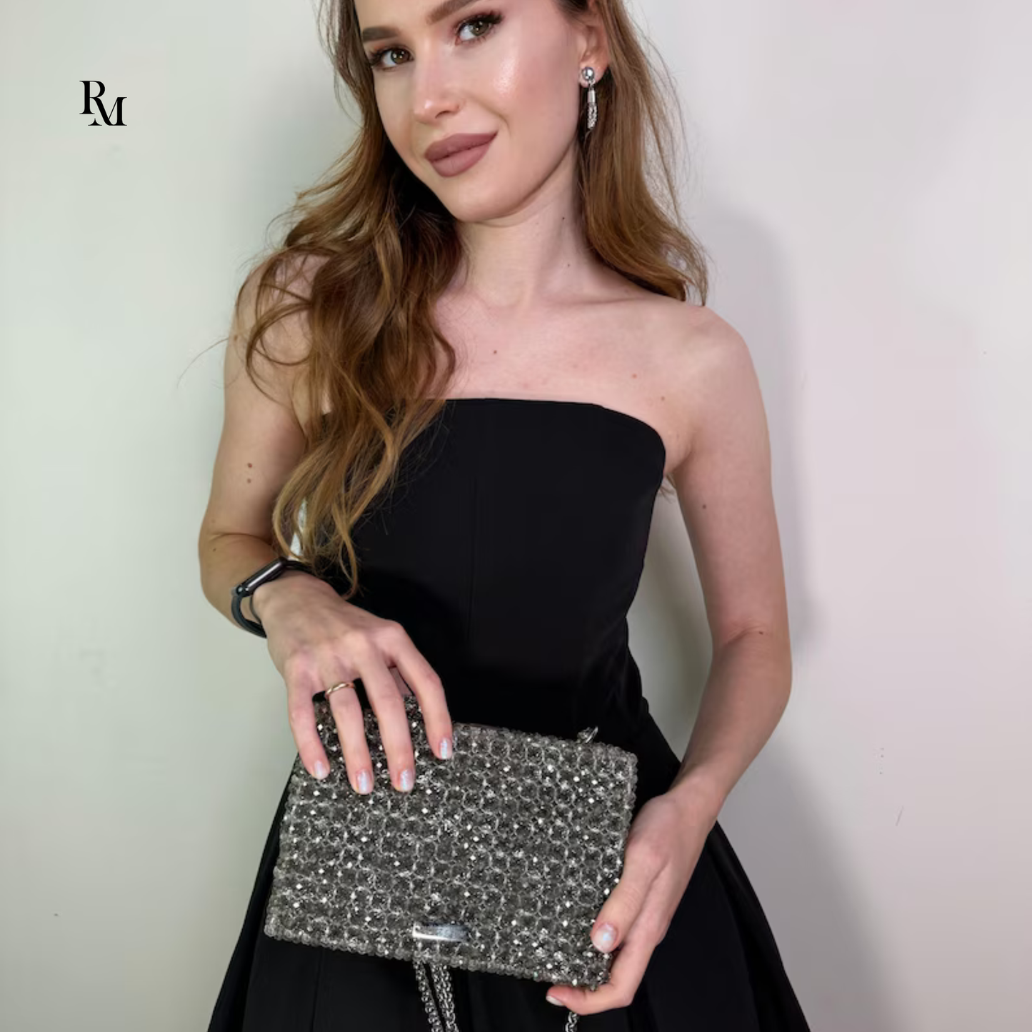 Handmade Crystal Silver Beaded Box Clutch | R&M005