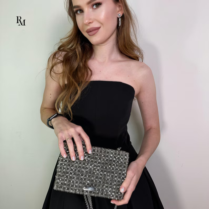 Handmade Crystal Silver Beaded Box Clutch | R&M005