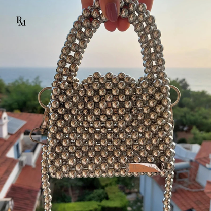 Handmade Metallic Silver Beaded Crossbody Bag | R&M013