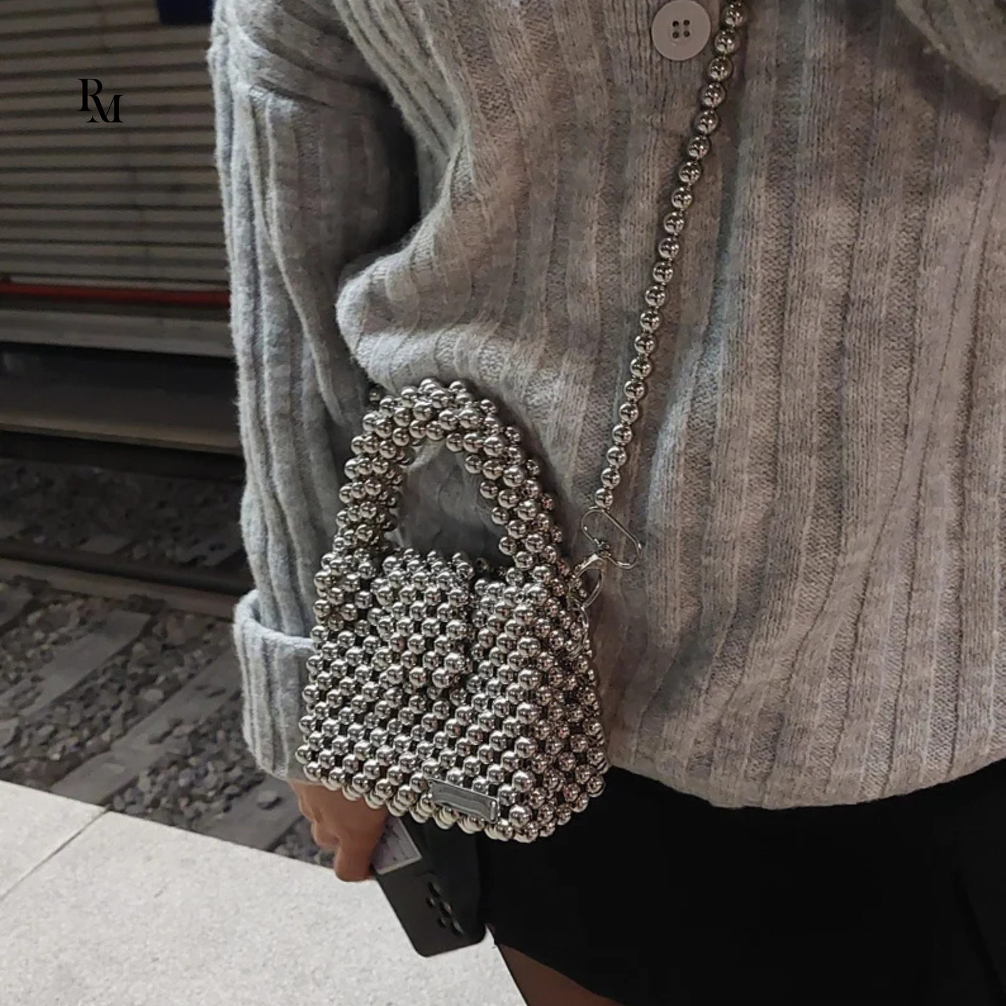 Handmade Silver Metallic Beaded Evening Bag | R&M014