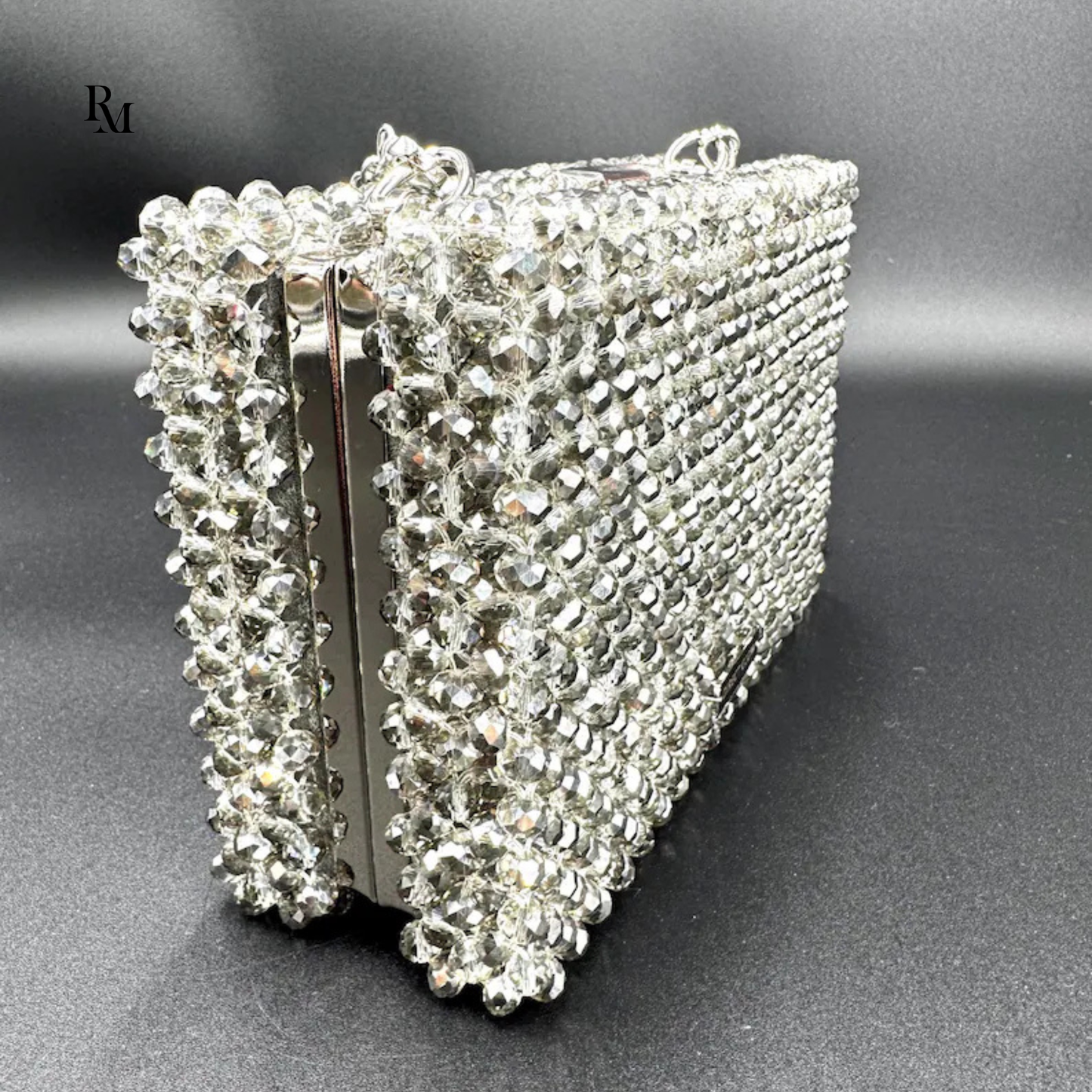 Handmade Crystal Silver Beaded Box Clutch | R&M005