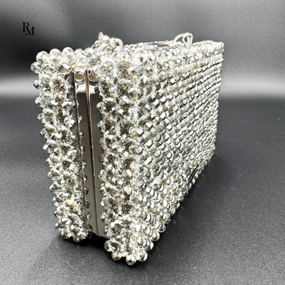 Handmade Crystal Silver Beaded Box Clutch | R&M005