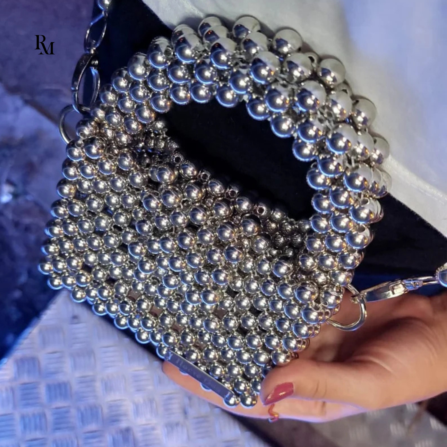 Handmade Metallic Silver Beaded Crossbody Bag | R&M013