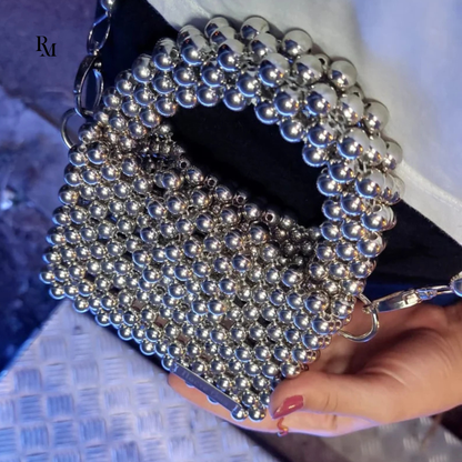 Handmade Metallic Silver Beaded Crossbody Bag | R&M013