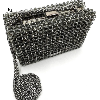Handmade Crystal Silver Beaded Box Clutch | R&M005