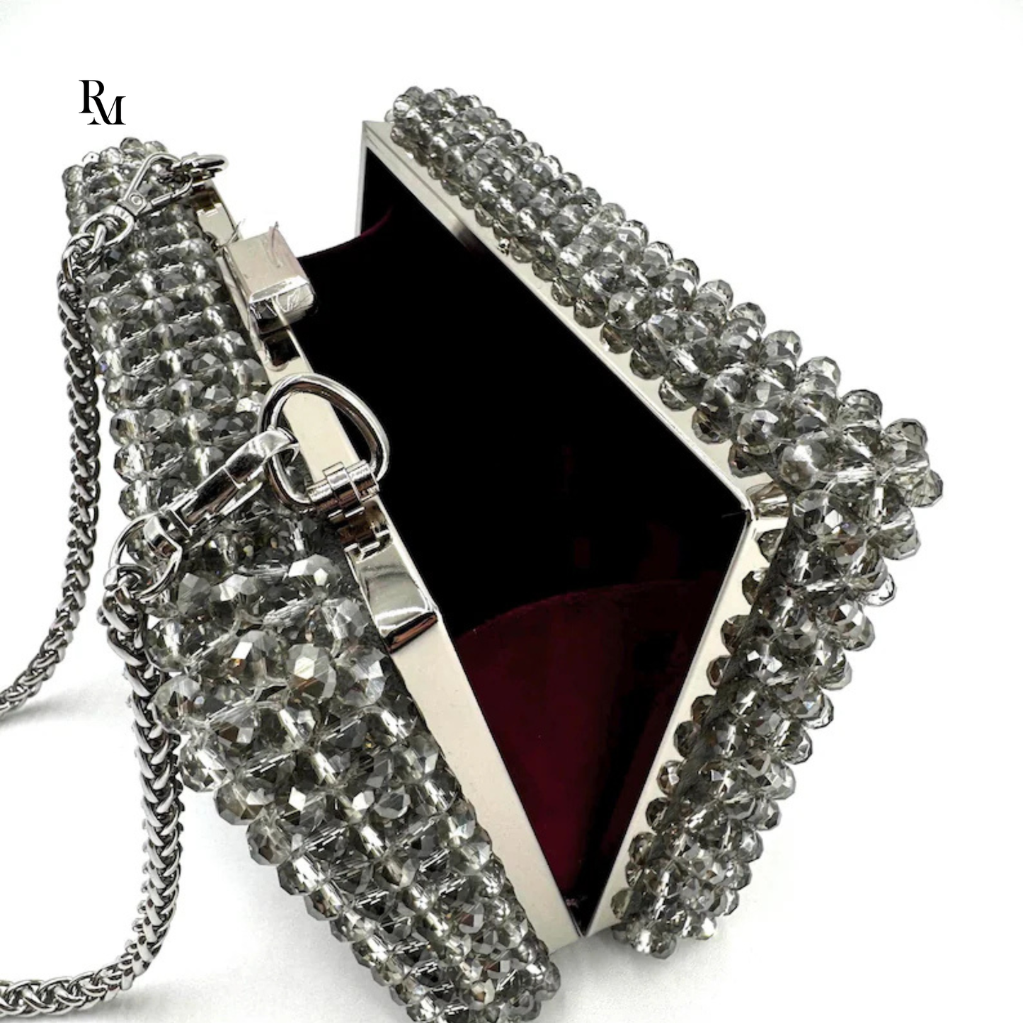Handmade Crystal Silver Beaded Box Clutch | R&M005