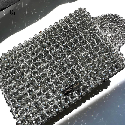 Handmade Crystal Silver Beaded Box Clutch | R&M005