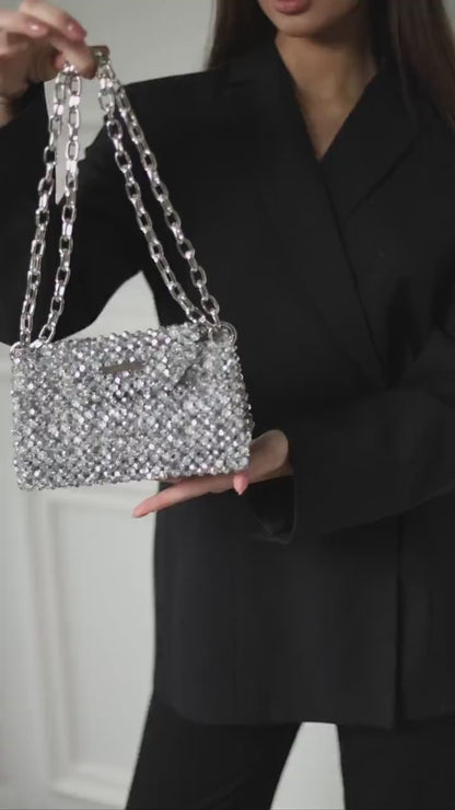 Handmade Silver Crystal Beaded Luxury Evening Clutch Bag | R&M015